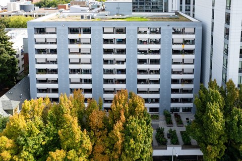 an aerial view of a building surrounded by trees